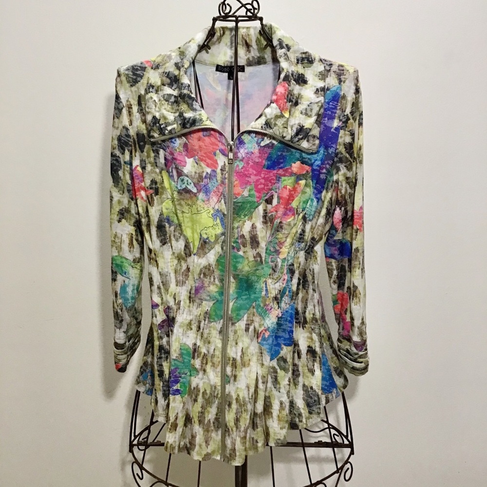 Boho Chic | Colorful Flower Print Zip-up Top L